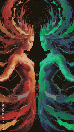Two Abstract Female Figures in Opposing Colors