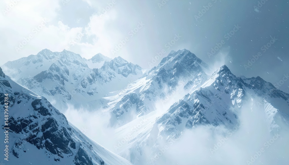 Obraz premium Raging Snowstorm Across Majestic Mountain Range in Hyperrealistic Style
