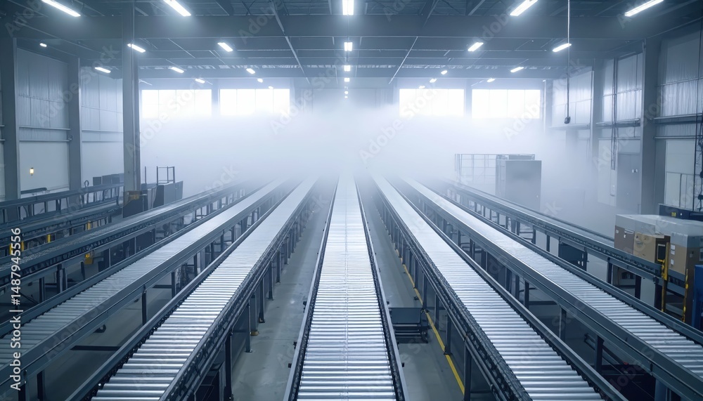 Fototapeta premium Sprawling Warehouse with Conveyor Belts in Rolling Fog Atmosphere
