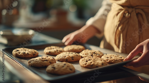 Freshly Baked Chocolate Chip Cookies: A warm, inviting scene showcasing a tray of freshly baked chocolate chip cookies.