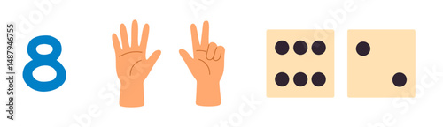 Number 8 shown with eight fingers and two dice for numeric education