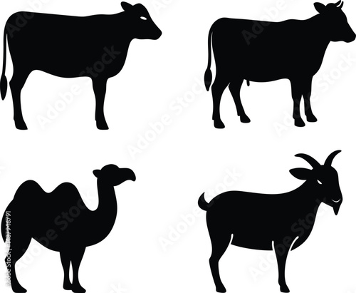 Farm Animal Silhouettes Set - Cow, Camel, Goat , Eid Al adha 