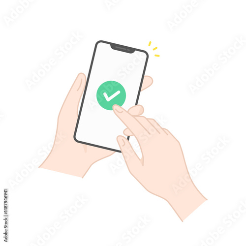 スマホ画面とチェックマーク完了の操作アイコン (線画・フラット)	