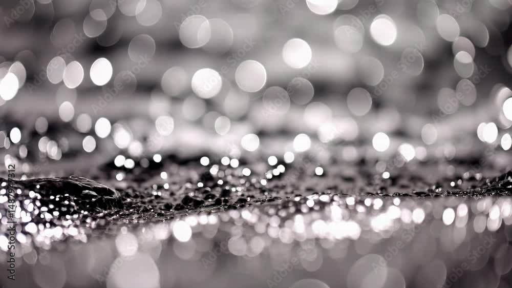 Abstract silver bokeh light background with sparkling surface and shining particle overlay. Shimmering luxury and festive atmosphere for event design footage.