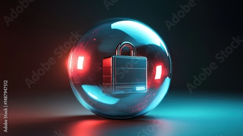 Secure lock in glowing bubble neon red and blue lighting