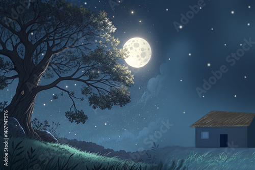Quadro su tela Moonlit Night in the Countryside,This is a serene, digitally illustrated night s