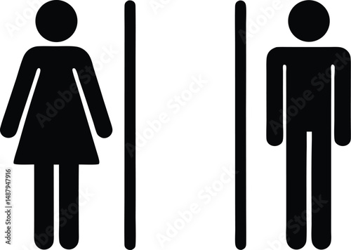 Black and white restroom signs showing a woman and a man with vertical lines near them