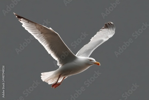 A majestic european herring gull in flight, wings outstretched against a muted grey backdrop. The bird's plumage is pristine white, contrasted by its dark wingtips and orange beak. : Generative AI
