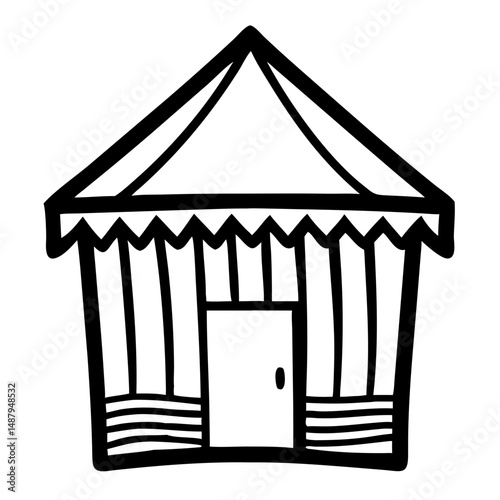 Hand-drawn beach hut with a pointed roof and door for travel concepts  