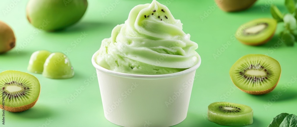 Kiwi flavored frozen yogurt in a paper cup with fresh kiwi slices