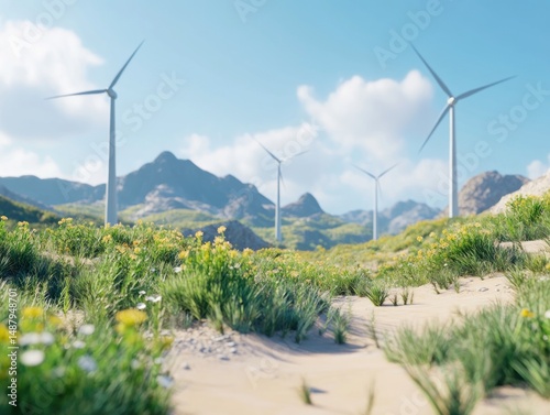 Wind turbines in a beautiful mountainous landscape with wildflowers on a sunny day
