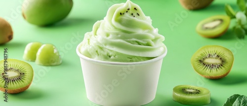Obraz na płótnie Kiwi flavored frozen yogurt in a paper cup with fresh kiwi slices w salonie