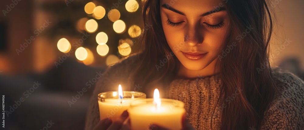 Woman looking at two candles intimate moment