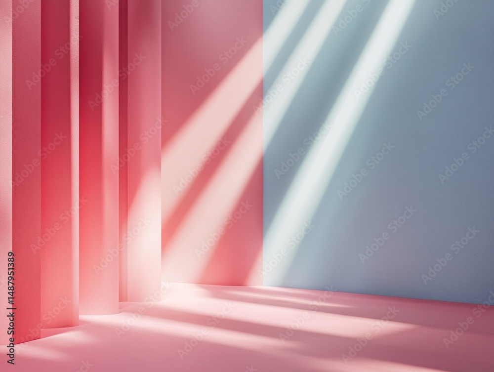 Abstract interior with pink and blue walls and light