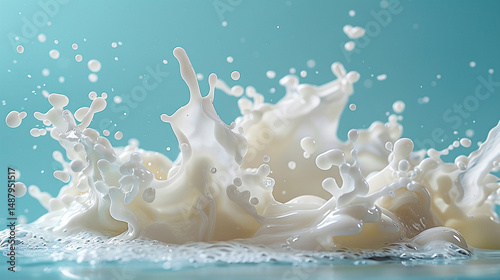 Milk Splash With Water Droplets On Blue