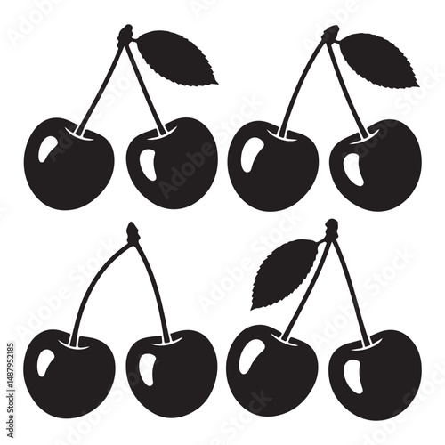 Black silhouettes of cherries with leaves, perfect for fruit designs.
