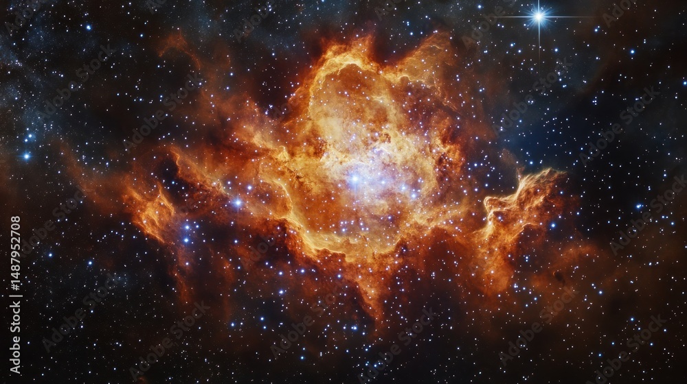 Obraz premium Fiery orange nebula with bright central star cluster surrounded by cosmic dust and stars.