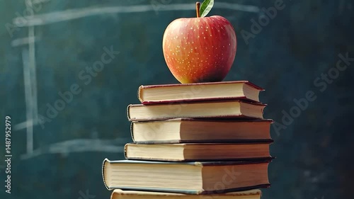 Apple on books against chalkboard