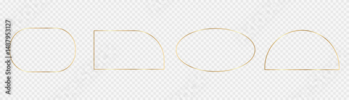 Set of golden frames. Linear decorative geometric collectible golden frames framed on transparent background, minimalism, thin lines, vector graphics.