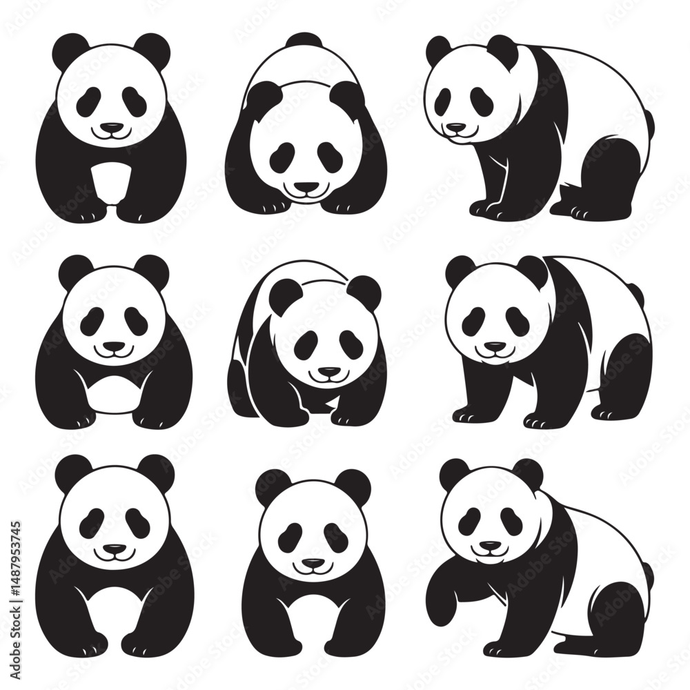 Obraz premium Black and white panda silhouettes in various poses, ideal for wildlife and animal