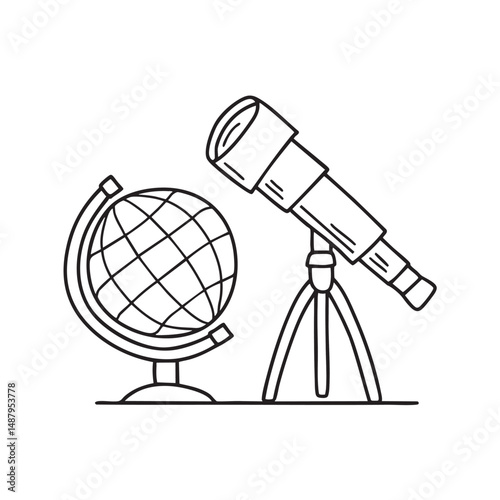 A telescope placed near a globe on a study table