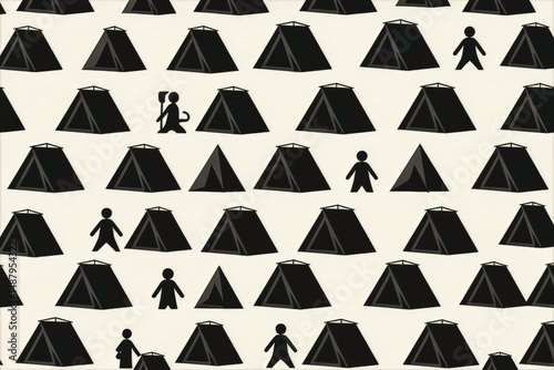 A stylized graphic depicts a field of numerous tents with silhouetted figures, showcasing one central scene of a person holding a sword and another figure kneeling.