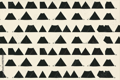 A repeating pattern of black tents with small stakes against a beige background forms an illustrative, stylized design.