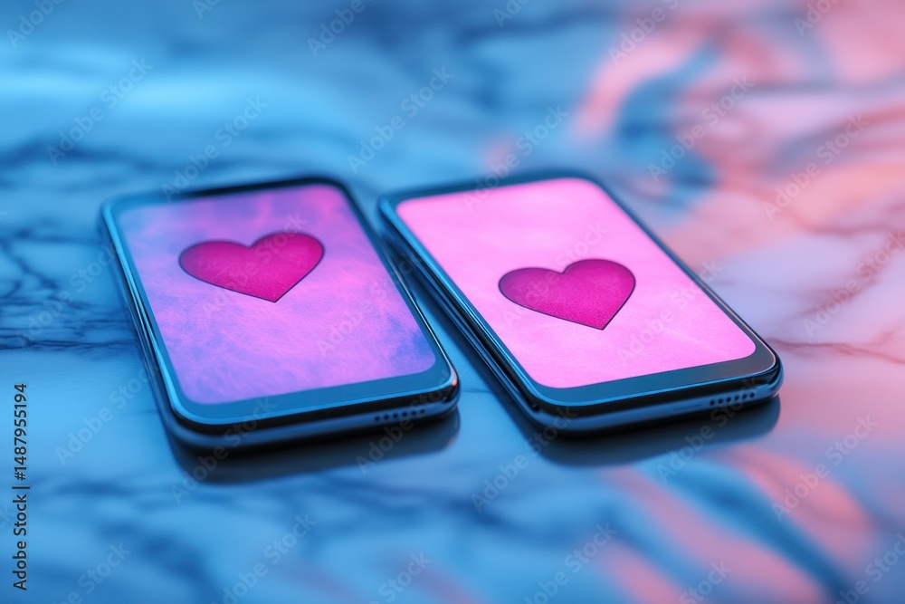 Two smartphones displaying pink hearts