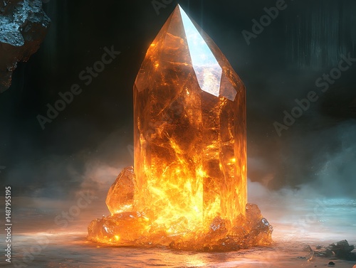 Mystical Amber Monolith: A Gleaming Gemstone Tower in the Darkened Cave
