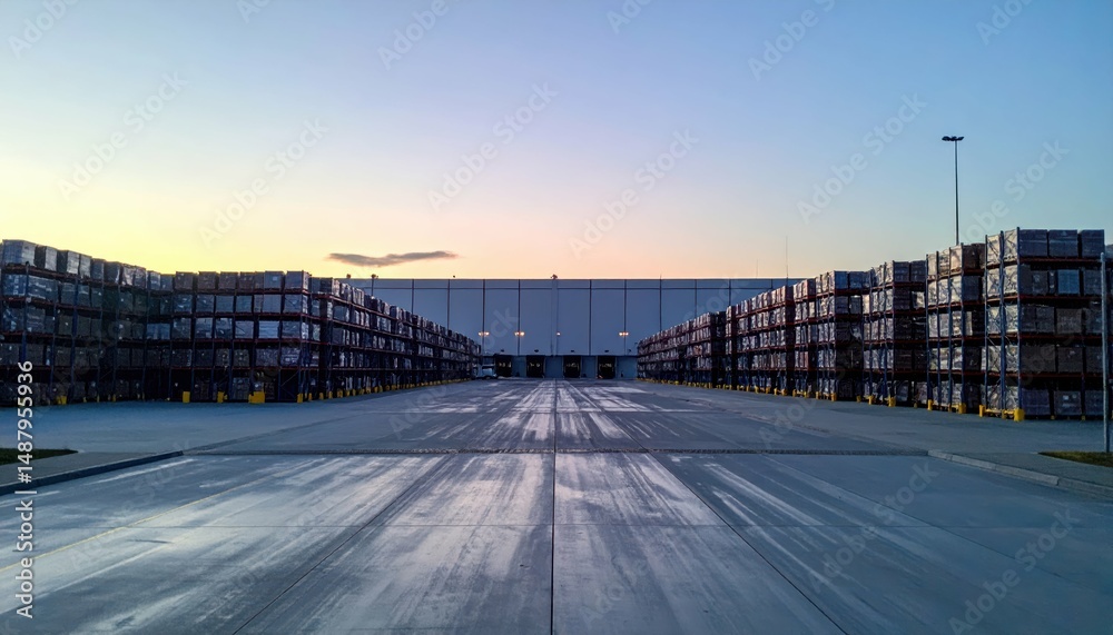 Obraz premium Vast Warehouse with Pallet Racking at Dusk in Empty Cargo Space