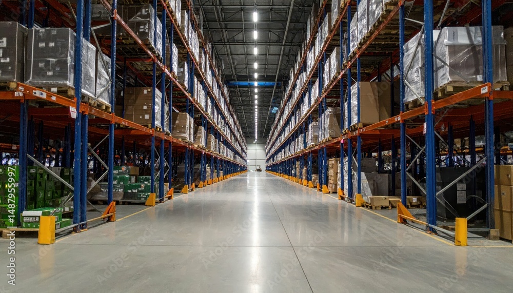 Fototapeta premium Vast Cargo Warehouse at Night with Flickering Lights and No People