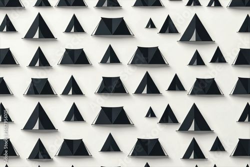 A pattern of black tent silhouettes cast shadows on a white surface, creating a repeating visual motif against a dark background.