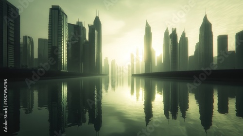Obraz na płótnie Dubai city skyline reflected in a canal at sunrise w salonie