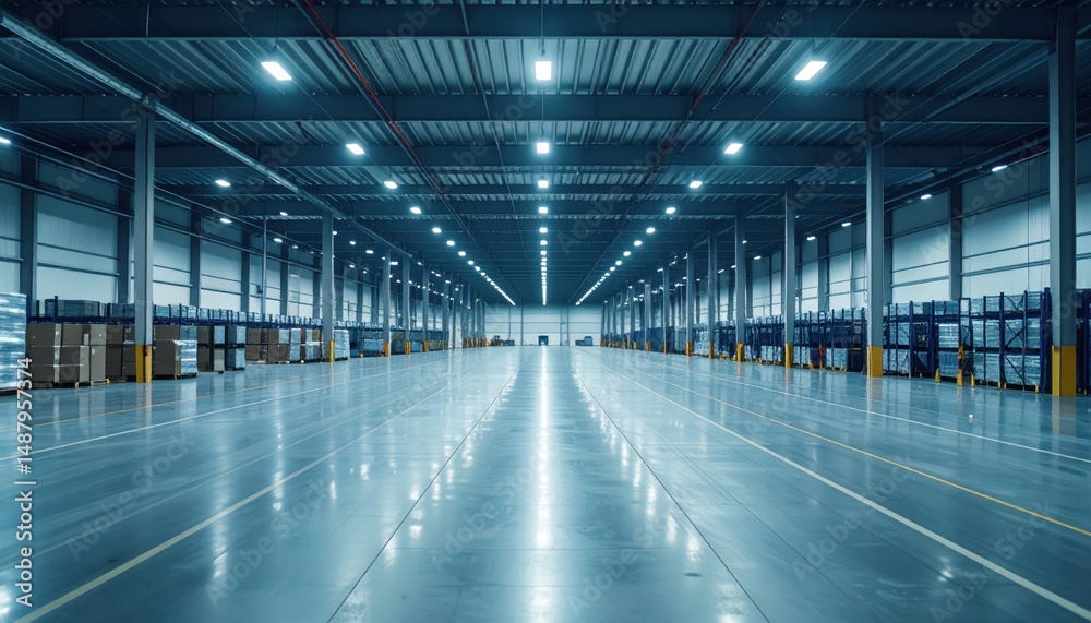 Fototapeta premium Vast Shipping Depot with Packing Stations Under Ambient Lighting