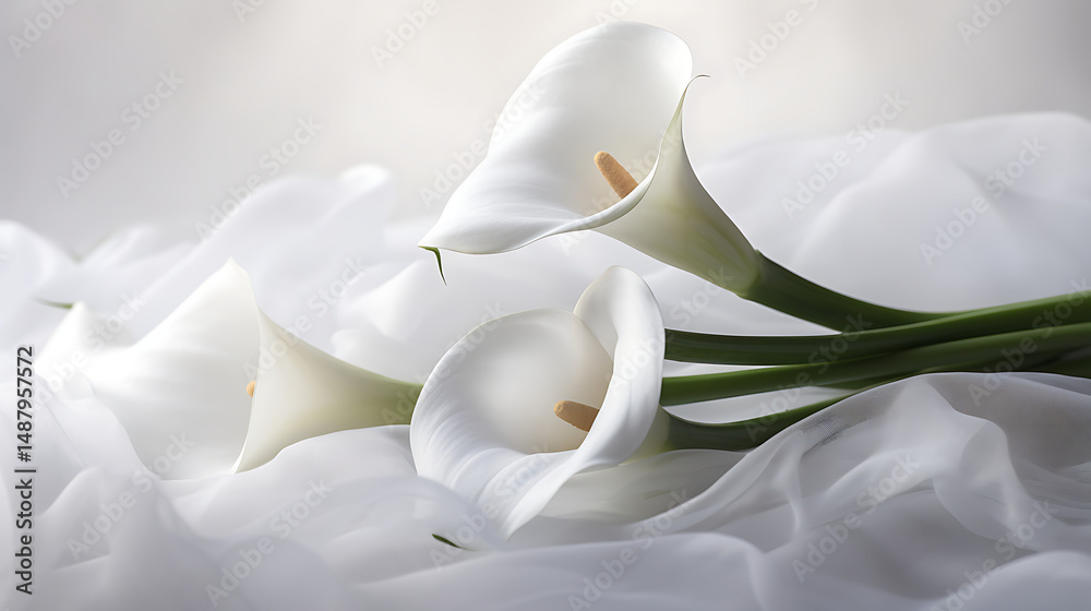 Elegant white calla lilies gracefully arranged on soft white fabric, creating a serene and calming atmosphere Elegant white calla lilies gracefully arranged on soft white fabric, creating a serene and calming atmosphere