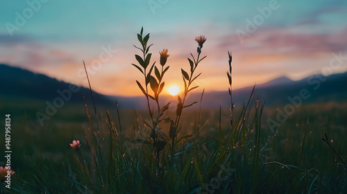 a wild Irish grassland at dawn, the sun slowly rising over misty hills and rugged moorlands, evoking a sense of awe and solitude, captured in documentary photography style, no people, raw untouched
