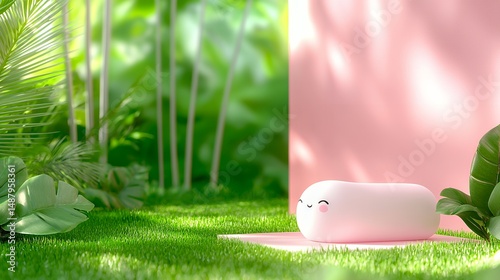 Pink Object on Mat in Green Garden Setting