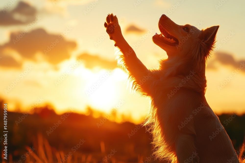 Dog giving paw at sunset