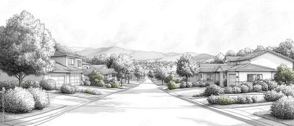 Fototapeta premium Serene Suburban Street with Lush Greenery and Calm Atmosphere