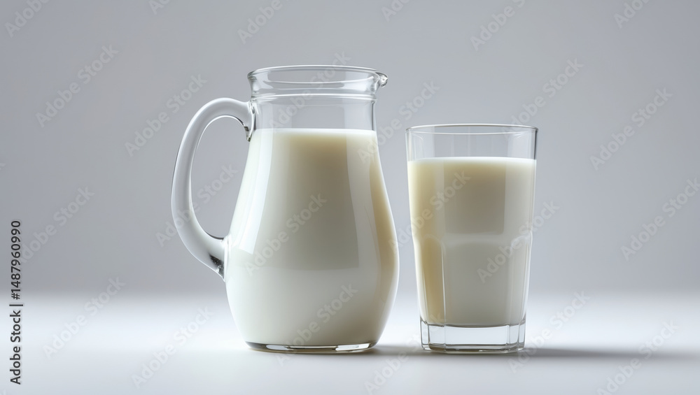 Glass jug and glass containing fresh milk standing on white table Glass jug and glass containing fresh milk standing on white table