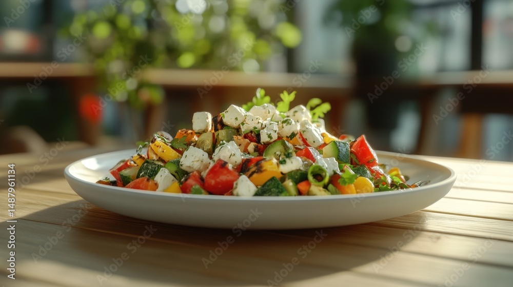 Plate of fresh salad with feta and vegetables