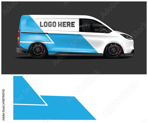 Modern Blue and White Van Mockup with Geometric Design