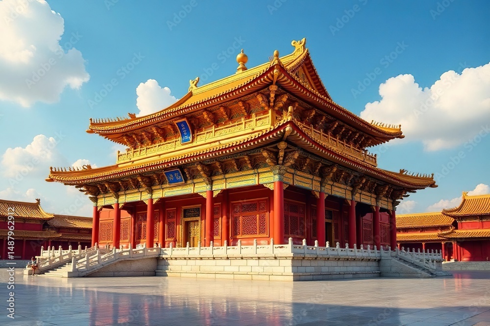 Fototapeta premium Gleaming golden temple roof, intricate details, Thai, sunlight