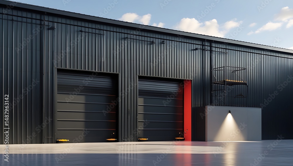 Fototapeta premium Modern black industrial building exterior with roller doors and bright architectural design