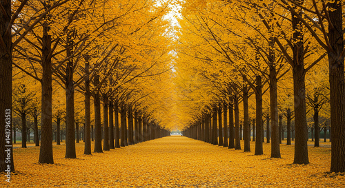 A breathtaking autumn scene featuring a symmetrical tree-lined path covered in golden yellow ginkgo leaves. The tall ginkgo trees form a natural archway overhead, with vibrant foliage creating