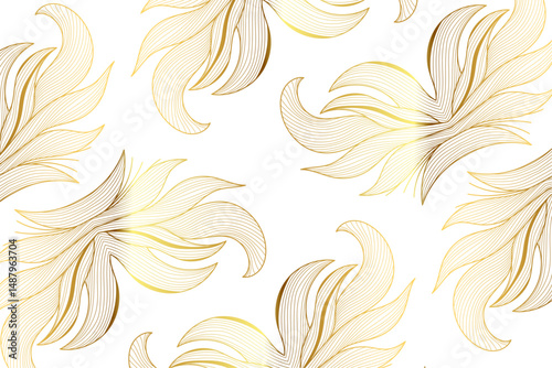 Elegant gold leaves line wave abstract pattern background. Vector luxury design background. Flow curve dynamic banner. Floral luxury frame