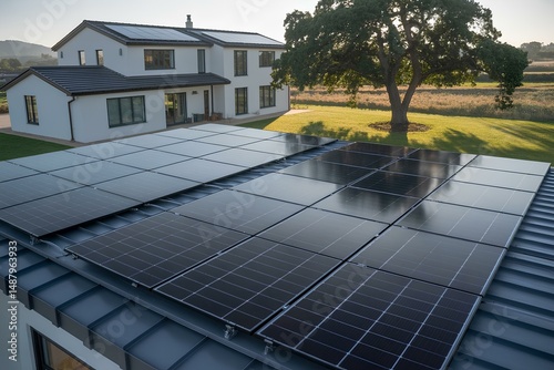 Residential house with rooftop covered with solar photovoltaic panels for producing of clean ecological electrical energy in suburban rural area. Concept of autonomous home panel on a residence roof