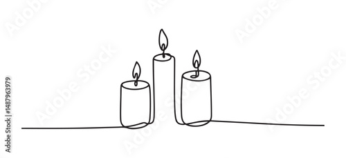 Minimalistic line drawing of three candles with flames, ideal for holiday or home decor designs.