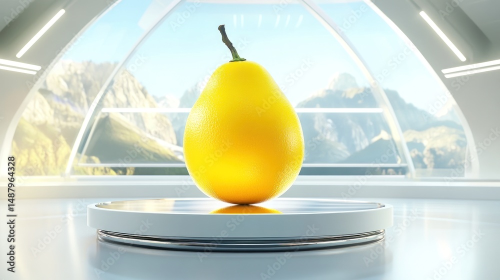 Floating yellow pear on a modern pedestal