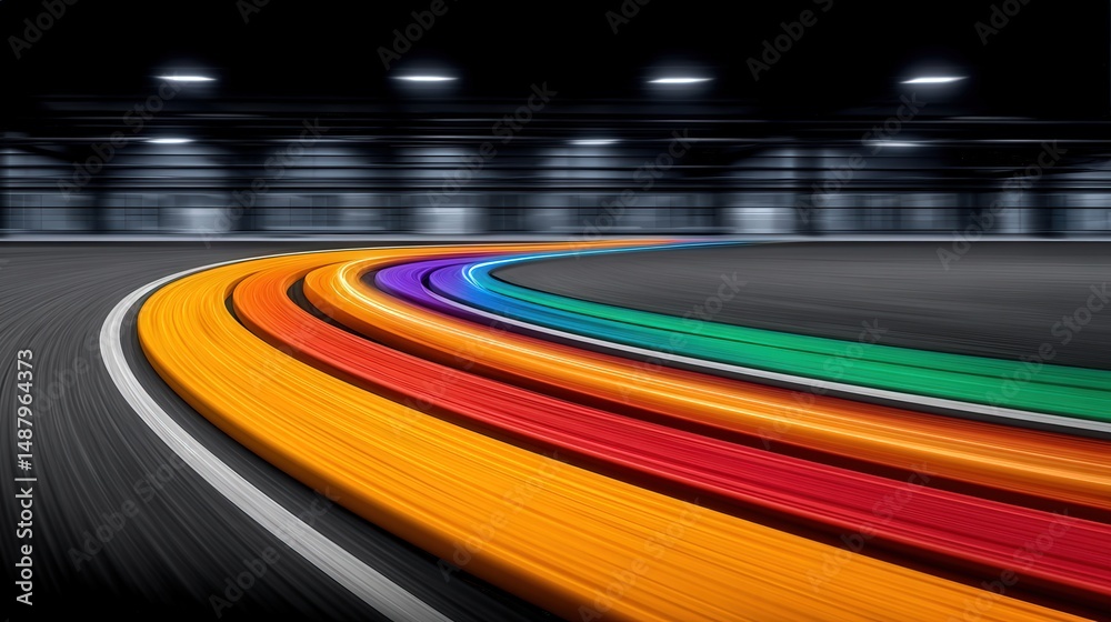 Fototapeta premium Colorful streaks of light create dynamic movement along the curved track photographed in a well-lit modern indoor environment emphasizing speed and energy in a vibrant raceway setting